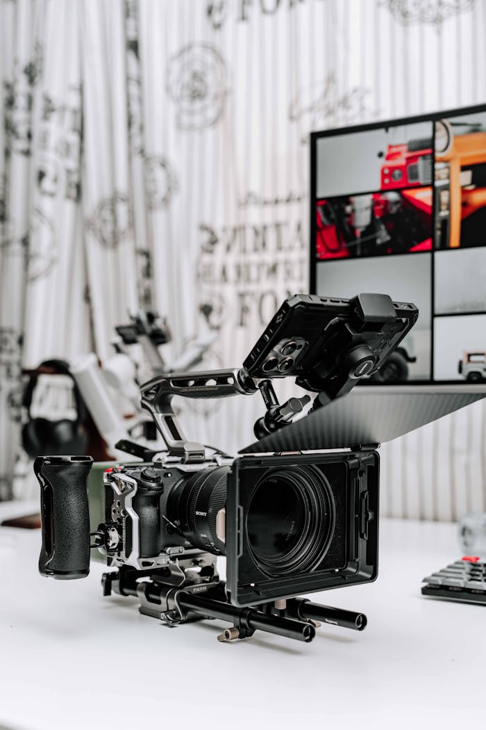 High-quality camera rig setup in a modern studio environment, perfect for filmmakers and videography enthusiasts.